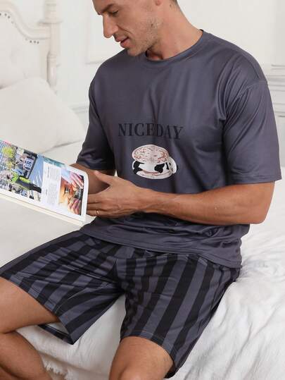 男士夏季睡衣套装，圆领熊猫印花短袖上衣和条纹印花短裤，休闲舒适的家居服