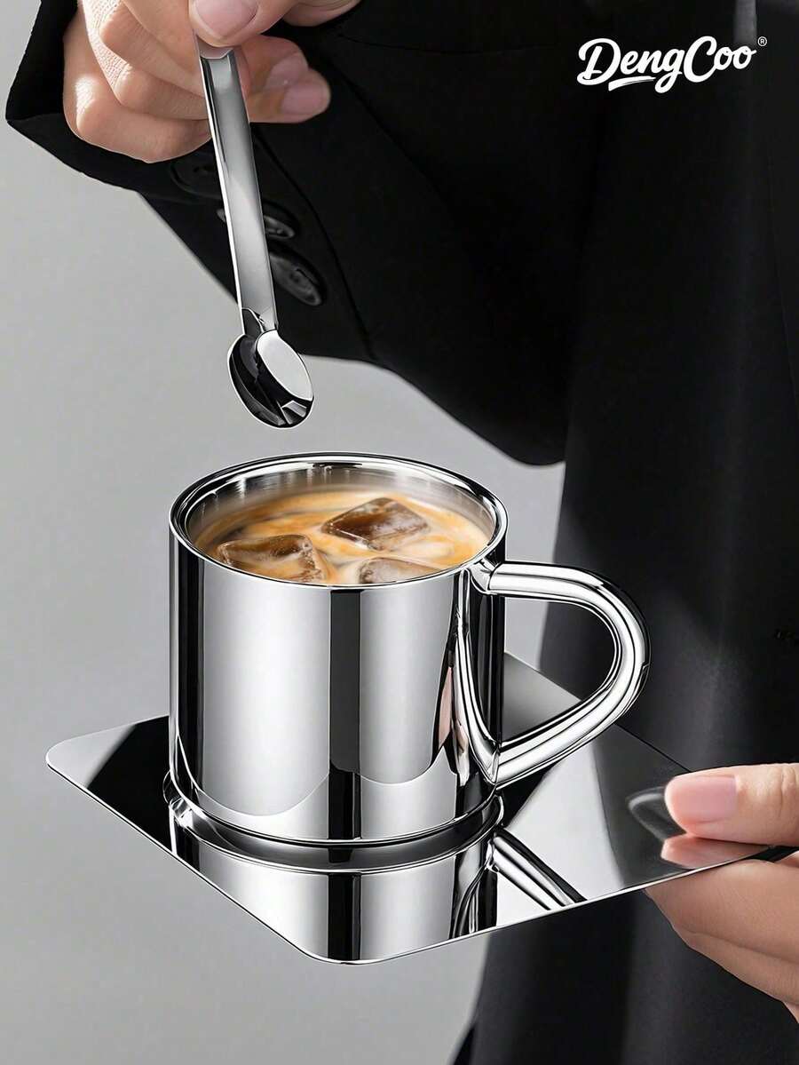 Dengcoo 3 PiecesCoffee Cup Set, Milanese Style Coffee Cup Set, Stainless Steel Coffee Cup With Saucer And Spoon, Ins Style Mug, Tea Cup, Espresso Cup, Pour Over Coffee Cup, Suitable For Holiday Gifts, Home And Back To School Season - Cup - View 1