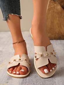 Women's Sequin Silver Flat Slippers, Lightweight, Non-Slip, Comfortable, Versatile, Suitable For Beach, Summer - Beige - View 3