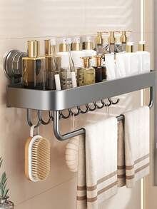 1pc Wall-Mounted Shower Caddy (With Suction Cups), With Towel Hooks, Space-Saving Bathroom Organizer For Shampoo, Soap, And Toiletries, Bathroom Shelf And Storage Box, Bathroom Tray