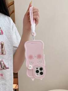 1个粉色波浪边小狗耳朵支架手机壳，带粉色挂绳，兼容 11/12/13/14/15/16/17/Pro Max