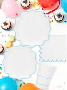 10pcs/50pcs/80pcs Light Blue Party Tableware Set, White & Blue Rimmed, Scalloped Paper Plates, Cups And Napkins, Baby Blue Boy Baby Shower Party Decorations, Includes Baby Blue Scalloped Paper Plates, Napkins And Cups, Suitable For Bridal Shower, Wedding, Birthday, Gender Reveal Party Supplies - Blue - View 4