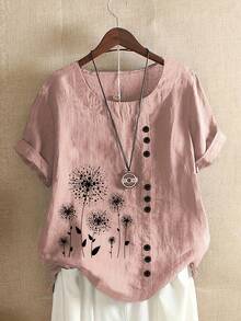 Plus Size, Summer Retro Floral Print Oversized Loose Short Sleeve Pullover Round Neck T-Shirt For Women - 深灰色 - 查看 9