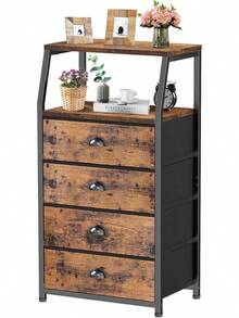 SAFONUS Buros para recamara, Burós Mesa de Noche con 4 cajones y Estante de 2 Niveles, Organizador de Tela para vestidor para Dormitorio, Armario, Pasillo, guardería, Mesa Auxiliar, Mueble Lateral - Marrón - Ver 1