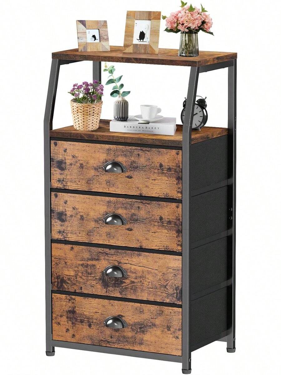 SAFONUS Buros para recamara, Burós Mesa de Noche con 4 cajones y Estante de 2 Niveles, Organizador de Tela para vestidor para Dormitorio, Armario, Pasillo, guardería, Mesa Auxiliar, Mueble Lateral - Marrón - Ver 1