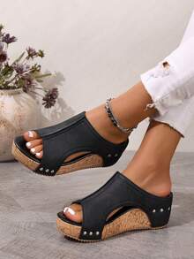 1pair Women's Vintage Distressed Wood Grain Platform Wedge Sandals, Open Toe Rivet Leather Summer Slides - Black - View 3