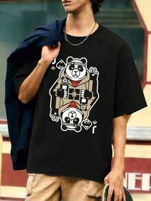 Maglietta nera con stampa grafica Panda Poker in morbido cotone, vestibilità ampia, vestibilità comoda, street hip-hop, stampa artistica - nero - Visualizzare 1