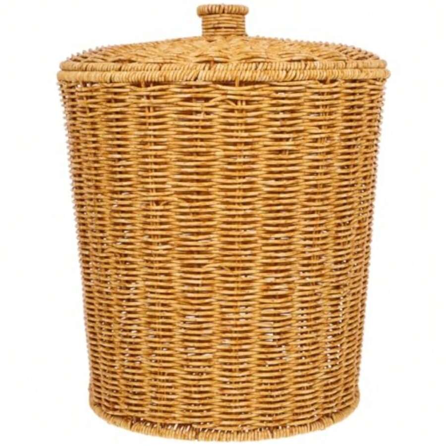 CYPNSHERCHPRY Cubo De Basura Con Tapa Cesta Tejida De Imitacion Ratan En Plastico Organizador Multifuncional Para Almacenamiento De Articulos Varios En Dormitorio Baño Y OficinaFashion - Marrn claro - Ver 1