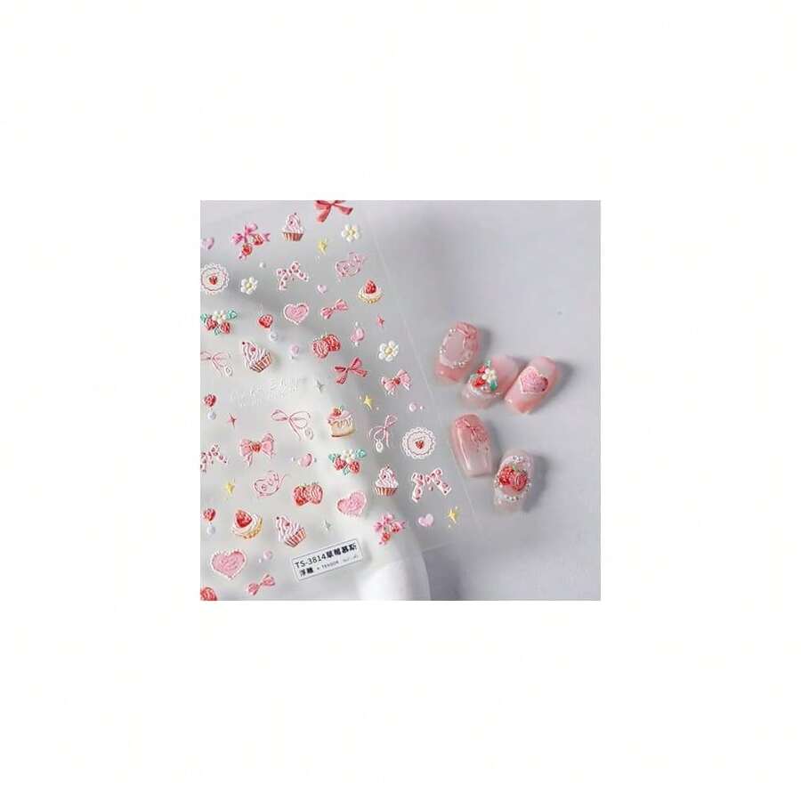 5D Embossed Nail Art Stickers Se--Adhesive Nail Decals Pink Strawberry Cake Nail Stickers For Nail Art With Cute Bow Heart Design Acrylic Nails Supplies For Women Manicure Decorations - style13 - 查看 1