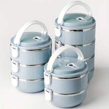 Stainless Steel Lunch Box Set-Class 1 Thermal Bento Box With Lid, Designed For Hand Washing, Cylinder, Manual Operation, Ideal For Use In The Office, School, Camping,Picnic Or Kitchen Locker(47.34oz) - 淺藍色 - 查看 2
