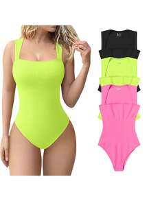 OQQ 3 Piece Bodysuits For Women Sexy Ribbed Strappy Square Neck Stretch Tank Tops Bodysuits - 黑,螢光粉,螢光綠 - 查看 1