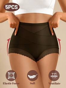 MEIYATING 5条装高腰塑形女士内裤，透气网眼交叉收腹蕾丝边三角裤，日常穿着 - 彩色 - 查看 4