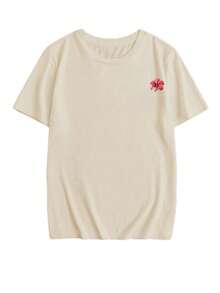 夏季新款时尚玫红色热带花卉印花休闲圆领短袖T恤，时尚百搭女式上衣 - 淺杏 - 查看 5