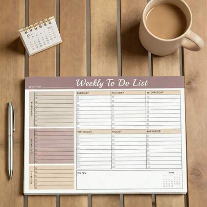 Minimalistische A4-weekplanner met prioriteitenlijst en notitiefunctie, 24 pagina's, bureauplanner, geschikt voor werk, studie en thuis, kantoorartikelen