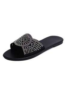 女士圆头平底软皮凉鞋，饰有水钻，波西米亚风露趾拖鞋，夏季度假风，适合户外穿着，性感时尚的派对鞋，纯色，舒适轻便。 - 黑色 - 查看 13