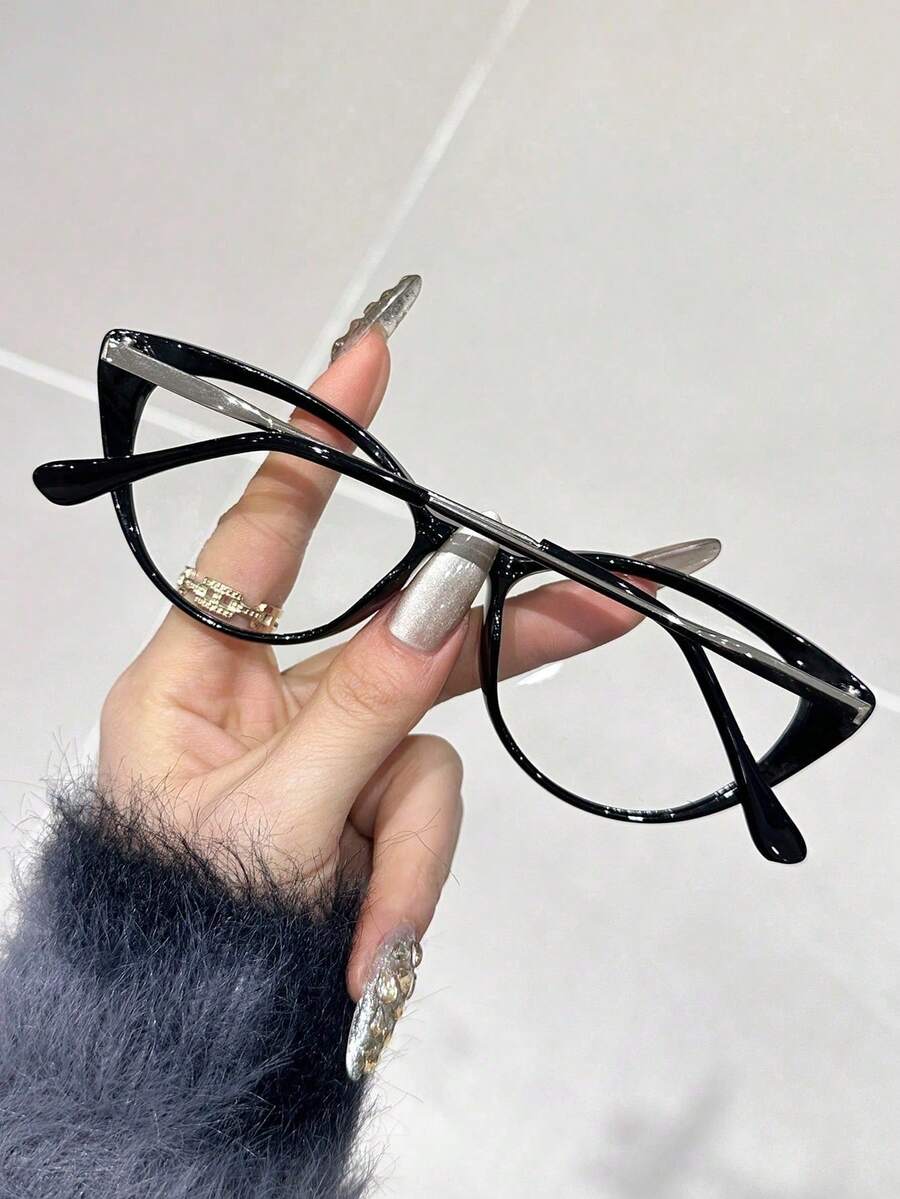 一副猫眼透明眼镜，女士款，经典流行设计，休闲ins风，适合上学、阅读、度假、送礼、办公、街拍、度假穿搭装饰。 - 1pc-黑框白平 - 查看 1