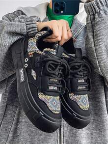 Men's Casual Sneakers, Thick Sole Lightweight Breathable Lace-Up Athletic Shoes, Comfortable Soft Bottom - Black - View 1