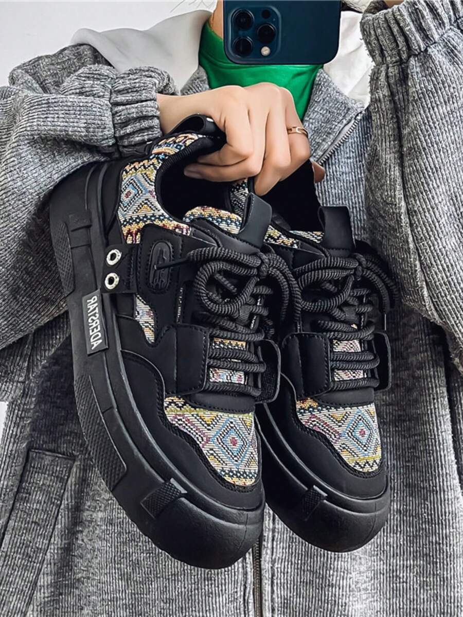 Men's Casual Sneakers, Thick Sole Lightweight Breathable Lace-Up Athletic Shoes, Comfortable Soft Bottom - Black - View 1