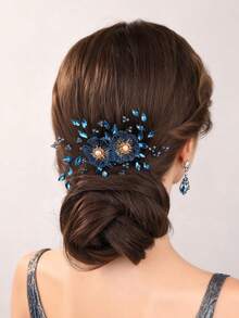 1pc Handmade Elegant Blue Flower Bridal Hair Clip, Rhinestone Headpiece Suitable For Wedding & Party - Blue - View 3