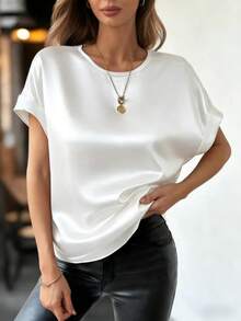 Áo kiểu nữ thanh lịch cổ tròn tay ngắn bằng vải satin, thích hợp cho mùa xuân và mùa hè. - trắng - Xem 4