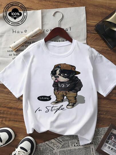 Tricou bărbătesc de vară, casual, cu mânecă scurtă, cu imprimeu grafic cool cu desene animate de câini și inscripțiile "BOY" și "STAY", top streetwear cu guler rotund și croială lejeră, pentru purtare zilnică, activități în aer liber și ținute