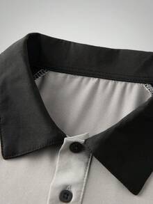 1件男士夏季灰黑撞色插肩袖Polo衫，速干弹力休闲商务修身短袖 - 灰色 - 查看 3