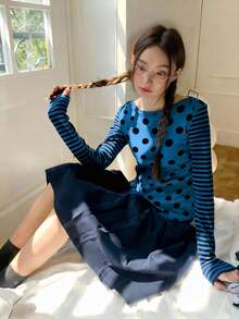 女士波点条纹印花长袖修身T恤 - 藍色 - 查看 9