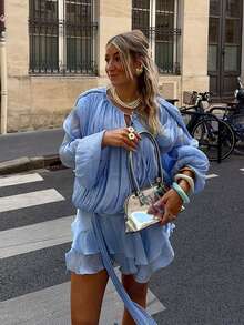 Women's Casual Street Style Solid Color Lantern Sleeve Tie Waist Ruffle Hem Dress, Spring/Summer - Light Wash - View 2