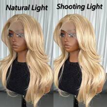 Kanekalon Futura 蜂蜜金棕色 13x4 合成蕾丝前假发，18 英寸中长波浪刘海，无需胶水，Kanekalon 材质，耐用合成假发，中分，150% 密度，即戴即用，适合日常、派对、假日，新手友好，透明蕾丝假发 - 駝色 - 查看 8