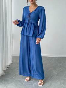 2pcs Women's Casual Elegant Commute Daily Solid V-Neck Tie Front Lantern Sleeve Top And Wide Leg Pants Set, Spring/Summer - Blue - View 5