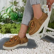 Women's New Casual Shoes, Suede Bohemian Style Loafers, Fringe Decor Lace-Up Thick Sole Sneakers - Ginger - View 4