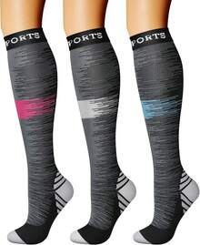 CHARMKING Compression Socks For Women & Men Circulation (3 Pairs) 15-20 MmHg Is Best Support For Athletic Running Cycling - 21條粉紅/灰/青色 - 查看 2