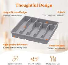 Organizador de cajón de cubiertos Lifewit, bandeja de almacenamiento de cubiertos de plástico para cajón de cocina, soporte y divisor para cucharas, tenedores, cuchillos y vajilla, 6 compartimentos, gris - ColorG - Ver 3