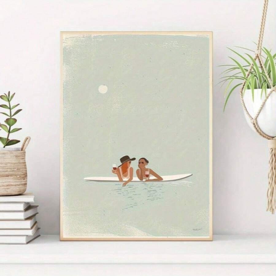 1 tranh canvas phong cách tối giản lấy cảm hứng từ lướt sóng "Hello Summer" - Không khung, tranh nghệ thuật màu nước với bầu trời đêm trăng, lý tưởng cho nhà cửa, văn phòng, phòng khách, quán cà phê, quà tặng ngày lễ tuyệt vời, trang trí chủ đề bãi biển. - Nhiều màu - Xem 1