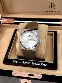 Pablo Raez 男士原创魅力腕表 时尚商务男士腕表 奢华不锈钢首饰 全新 AAA 级男士名表 复古渐变绿色超细纤维皮革表带 50米防水 简约日历星期显示 男士金属休闲石英表 毕业 婚礼 生日礼物 - 銀色 - 查看 13