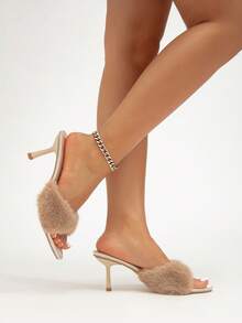 Women's Fashionable Fluffy Apricot Stiletto High Heel Sandals, Cute Minimalist Elegant Suitable For Weddings, Parties, Spring/Summer Travel And Vacation Outfits - Apricot - View 4