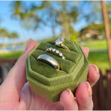 Velvet 3 Slots Jewelry Ring Box Engagement Wedding Box Keepsake Box Bridal Photo Ring Triple Slots Octagon Olive Green - 3 SLOTS + Olive Green - View 4