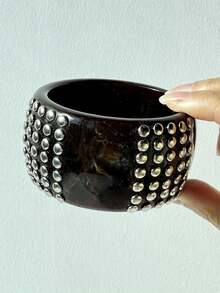 棕黑色不对称扎染银铆钉树脂手链，Y2K夸张风格女士秋冬珠宝，千禧年百搭日常及派对配饰 - 彩色 - 查看 7