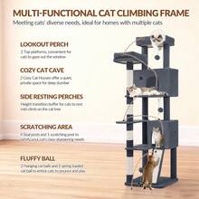 Katzenbaum Groß, 178 cm Kratzbaum, Kratzbaum Große Katzen Stabil mit Sisal-Kratzstämmen, Kratzbrett, 2 Bequemen Katzenhäuschen, 2 Sitzstangen, Pompons, Ruheplatz - Dunkelgrau - Übersicht 4