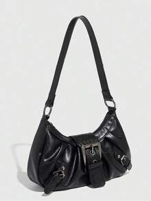 1pc Vintage Distressed Leather Motorcycle Bag, Decorated With Rivets And Buckles, Soft Touch, Folding Details, Cloud Shape, Suitable For Shoulder Or Crossbody Wear, Ideal For Work, Commute, Date, Party, Halloween Wallet, Perfect For Halloween Party Fashion And Gothic Style - 黑色 - 查看 2