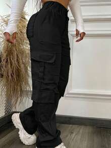 Black Multi-Pocket Buttoned Casual Y2K Leisure Elegant And Cute Work Pants. Suitable For Back-To-School, Clubs, Birthday Parties, Halloween, New Year, Thanksgiving, Concerts, Gyms, Beaches, Vacations, Business, Daily Airport Wear, Street Style, Teacher's Day, Spring, Summer, Autumn And Winter. - Black - View 5