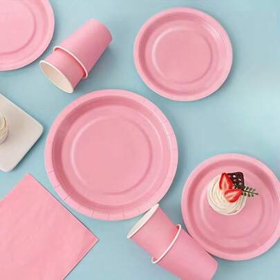 Juego de vajilla de fiesta rosa - Platos, servilletas y vasos de papel desechables con diseños florales elegantes - Perfecto para bodas, cumpleaños, aniversarios y festivales - Ideal para picnics y viajes, artículos esenciales para celebraciones de cumpleaños | Juego de vajilla elegante | Vajilla decorativa 1 juego de 24 piezas Nuevas decoraciones para eventos, Juego monocromo de fiesta