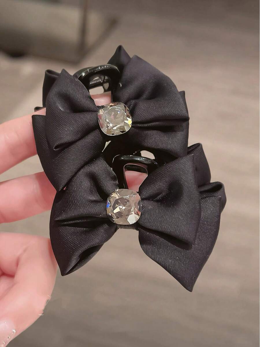 2个水钻蝴蝶结女士发夹，小巧精致，采用优质金属制成，优雅侧夹，刘海夹，发片夹，时尚、高贵、优雅，高端质感，发饰，适合日常佩戴、节日派对、活动、度假和旅行，是节日送给女孩的精美发饰礼物。女士发夹，优雅发饰 - 黑色 - 查看 1