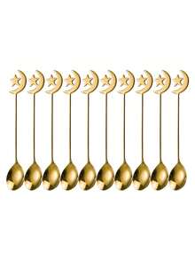 12pcs Stainless Steel Coffee Spoons, Moon & Star Pattern, Dessert Spoons, Mixing Spoons, Perfect For Afternoon Tea And Ramadan Gifts