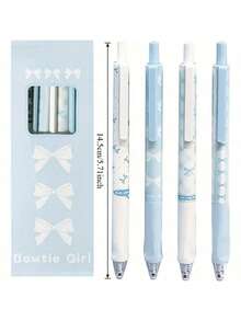 4pcs Cute Retractable Bow Gel Pens, 0.5mm Fine Tip, Smooth Writing, Black Ink, Suitable For Office, School, Cartoon Style, Blue Color (Blue); Beaded Pen; Engraved Ballpoint Pen With Crystal And Diamond Decor; Fun Work Pen; Aesthetic Pen; Exam Pen; Quick-Drying Durable Click Pen, Bulk Order - Black - View 5