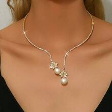 1 chiếc vòng cổ bạc trang trí ngọc trai giả và đá pha lê thanh lịch, trang sức choker cô dâu cho đám cưới. - Vàng và Trắng - Xem 10