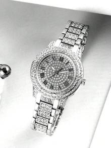 4PCS Round Silver Roman Quartz Watch With Cuban Bracelet Necklace Ring, Birthday Gift, Daily Versatile - Silver - View 5