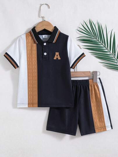 2件套男童休闲时尚拼接字母印花装饰纽扣设计短袖Polo衫和松紧腰短裤套装，春夏款
