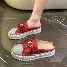 Women's Spring/Summer Slip-On Flat Sandals, Glitter Rhinestone Embellished Shoes, Casual Slip-On Loafers - Red - View 2