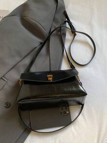 Women's Retro High-Quality Handbag With Flap Closure, Boxy Shape, Metal Hardware, Detachable Shoulder Strap, Casual Daily Use - Black - View 7
